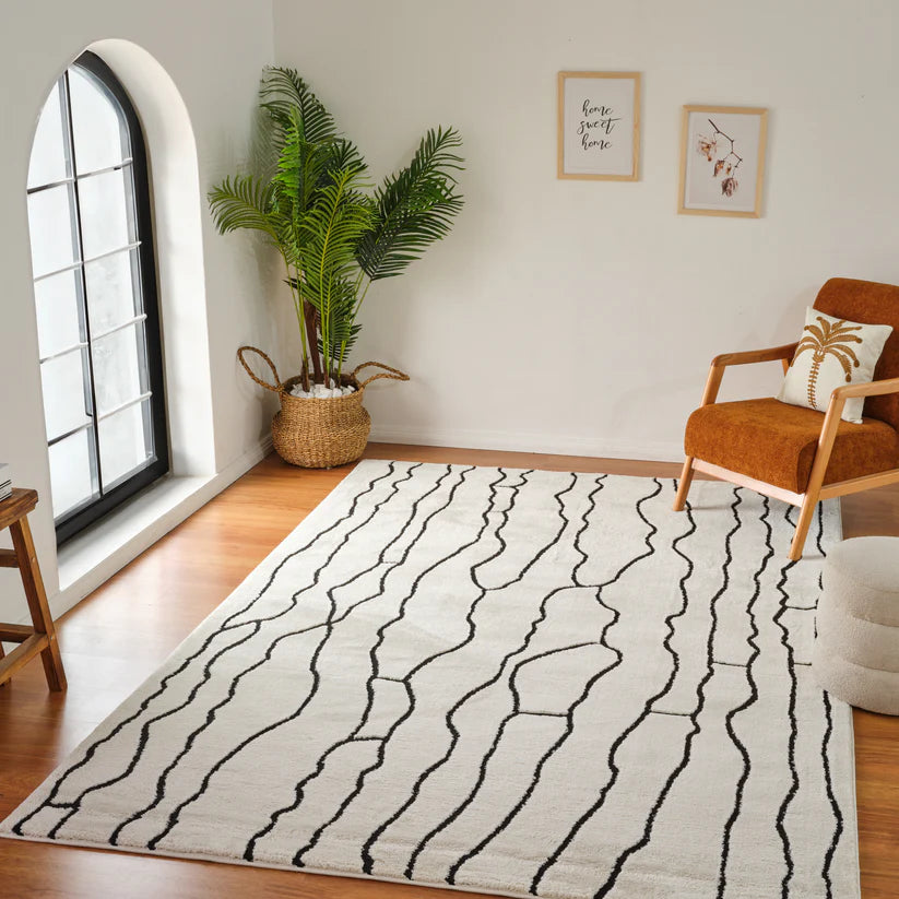 Domus Abstract Modern Cream Black Rug - 4' x 6'